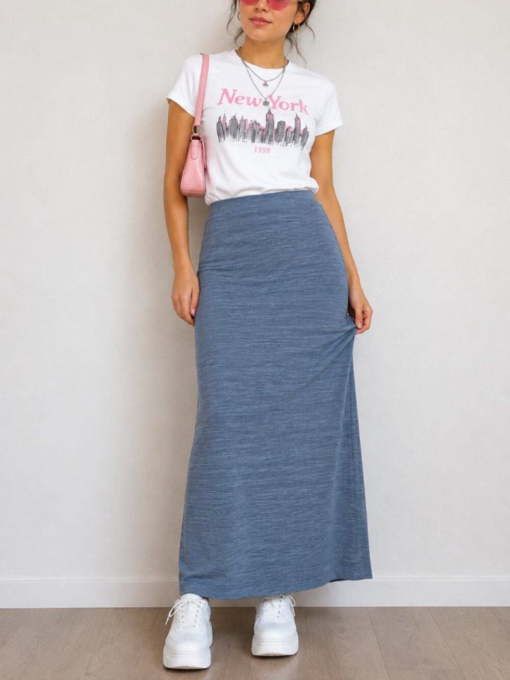 Y2K Blue Maxi Skirt Womens M/L Stretch Waist Textured Long Column 90s 2000s